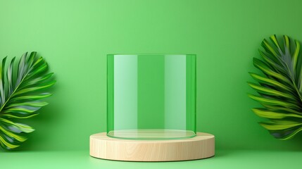 Poster - Transparent Display Cylinder on Wooden Base with Green Background