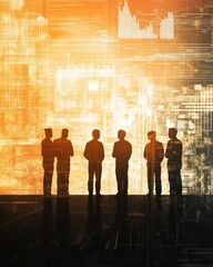 Poster - Teamwork and Innovation Digital Business Strategy Meeting Silhouettes Against Abstract Data Background
