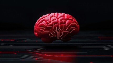 Poster - Futuristic Red Brain with Circuit Patterns on Dark Background