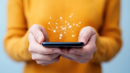 Poster - Hands Holding Smartphone with Sparkling Digital Effects Display