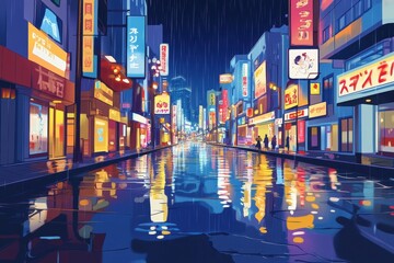 Rainy Night Cityscape Neon Lights Reflecting In Puddles