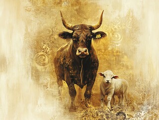 Majestic Bull and Lamb: A Golden-Hued Rustic Artwork