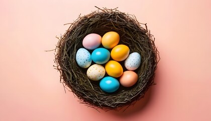 Colourful Easter eggs blue, yellow & speckled design in rustic nest on soft pastel background, springtime traditional festival egg decoration