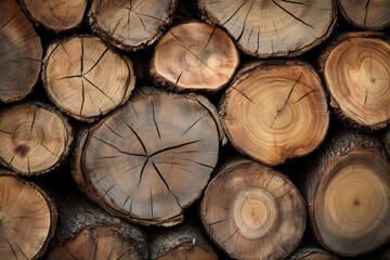 Logs stacked in a natural display, showcasing the texture and pattern of cut wood. Ideal for themes of sustainability, nature, and rustic decor in photography.