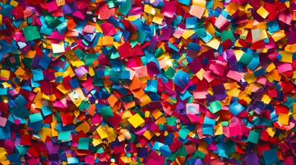 Abstract confetti art composition, layered paper geometry, intense multicolored fragments, rich celebration texture, dynamic party pattern, overlapping square elements, vibrant festive background,