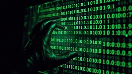 Poster - Cybersecurity Concept of a Hacker's Hand Interacting with a Display Matrix Style Wallpaper Background
