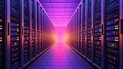 Poster - Neon Lit Data Center Corridor with Server Racks and Colorful LED Lights