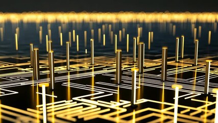 Poster - Abstract technological landscape with glowing vertical lines and grid pattern