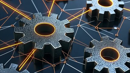 Poster - Metallic Gears Connected by Lines in a Futuristic Digital Network Design