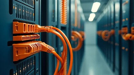 Poster - Network Server Room with Vibrant Orange Cables and High-Tech Equipment Display