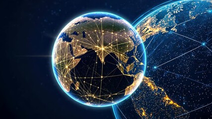 Poster - Global Network Connectivity with Brightly Lit World Map on Dark Background