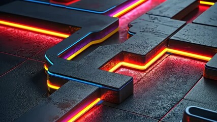 Poster - Abstract Neon Patterns with Blue and Red Lights on a Dark Metallic Surface