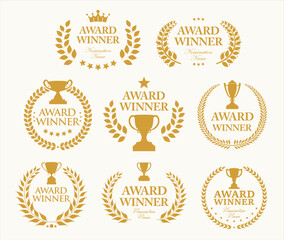 Wall Mural - award winner emblem collection of gold laurel with gold text isolated on white background