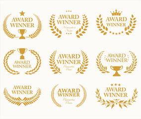 Wall Mural - award winner emblem collection of gold laurel with gold text isolated on white background