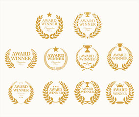 Wall Mural - award winner emblem collection of gold laurel with gold text isolated on white background