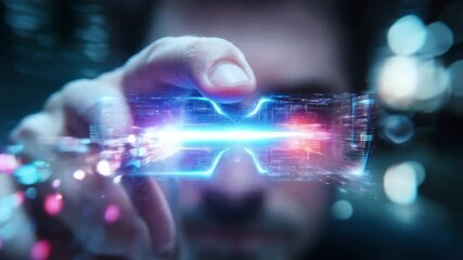 Fototapete - A person demonstrates advanced cyber defense technology using futuristic glasses. The vibrant lights indicate data processing and enhanced capabilities in a high-tech environment.
