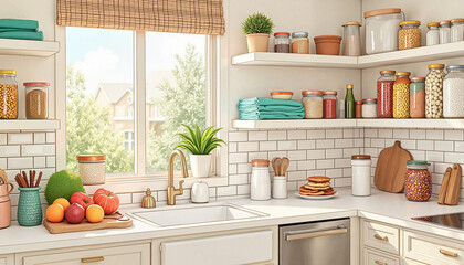 Kitchen interior with colorful jars and fresh produce