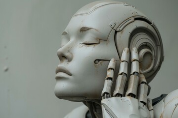 Poster - Advanced android with closed eyes, touching its face, showcasing the intersection of artificial intelligence and robotics