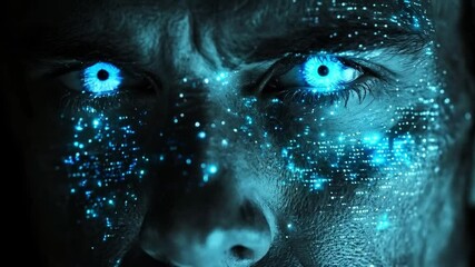 Poster - A close-up view of a person's face featuring intense blue glowing eyes surrounded by digital patterns. This portrayal highlights themes of technology and cyber defense in a futuristic context.