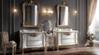 © yuan - Luxurious double vanity with ornate gold accents in a classic bathroom.