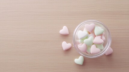 Poster - A minimalist scene with a handful of pastel candy hearts spilling out of a small glass jar on a wooden tabletop