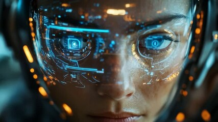 Aufkleber - A person engaged with cutting-edge technology showing intricate digital interfaces reflected on their visor.