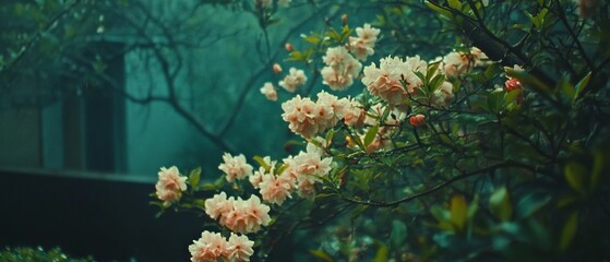 Poster - Blooming trees surrounded by lush greenery in a serene landscape during springtime