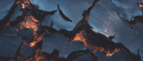 Poster - Detailed view of cracked surface of burned wood showing charred texture and deep fissures