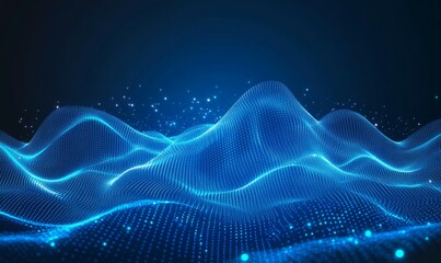 Blue abstract background with a network grid and particles connected.