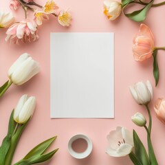Poster - Blank paper surrounded by pastel flowers on a soft pink background for creative design and mock up. Generative AI