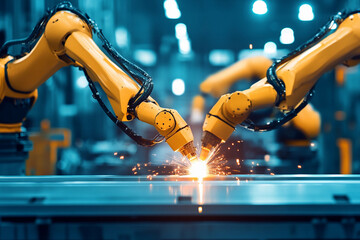 Poster - Robots welding metal in a modern manufacturing facility