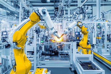 Poster - Robotic arms performing welding in a modern factory setting