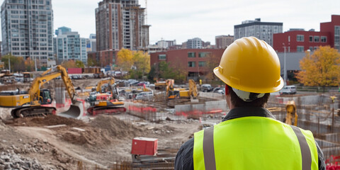 Poster - Construction worker observes urban development site