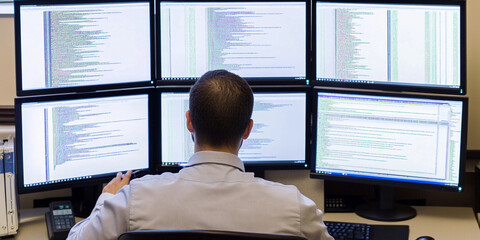 Poster - Professional using multiple monitors for coding tasks