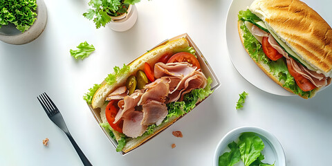 Wall Mural - Top-down view of office table with healthy lunch box featuring sandwich and veggies. Copy space available. Flat lay.