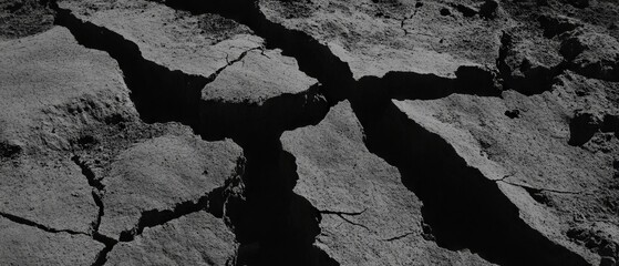 Aufkleber - Cracked dry earth reveals deep fissures in an arid landscape under harsh sunlight