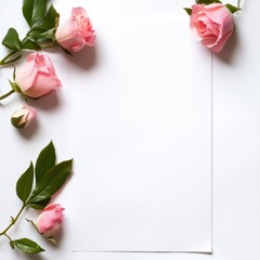 Poster - Blank paper surrounded by pink roses on a white background for creative design and writing projects. Generative AI