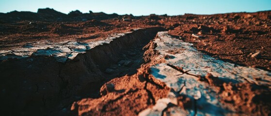 Aufkleber - Cracked earth under a clear sky reveals dried mud and deep fissures
