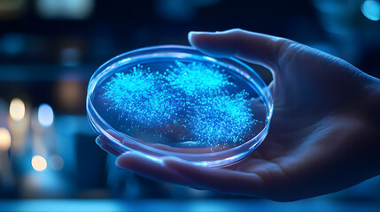 Poster - Scientist hand presenting a Petri dish with luminous blue cellular growth, sharp focus on the microorganisms with a lab-themed blurred backdrop