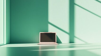 Wall Mural - Laptop computer sits in a sunlit green room