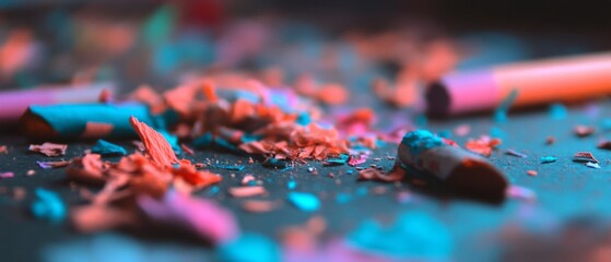 Aufkleber - Colorful crayon shavings scattered on textured paper background showcasing vibrant artistic potential
