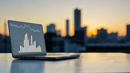 Poster - Modern Laptop Displaying Data Analytics Graph with City Sunset Background