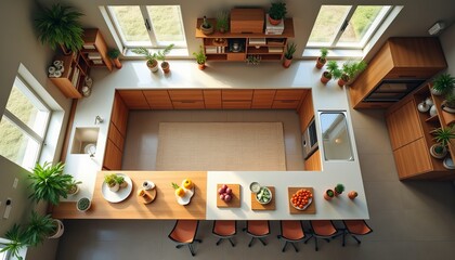 Wall Mural - Modern kitchen island with sunlight streaming through large windows, showcasing a bright and airy space.