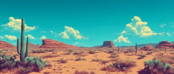 Poster - Vibrant desert landscape featuring cacti and rolling sand dunes under a bright blue sky