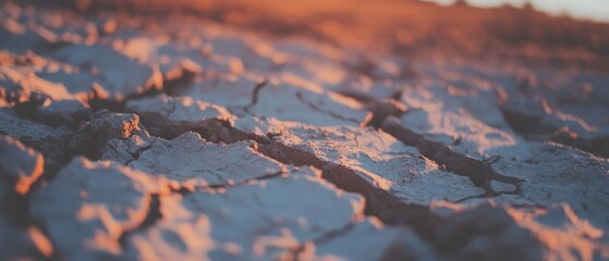 Aufkleber - Dry clay surface showcases intricate cracks and textured patterns under warm sunlight during golden hour