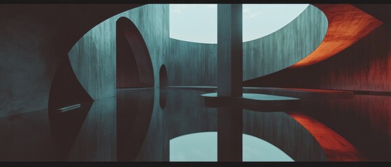 Poster - Dull metal structure with matte finish reflecting calm water and unique architectural design