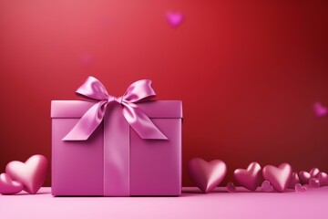 Poster - Pink gift box with satin ribbon and hearts floating on a pink surface against a red background represents valentine's day