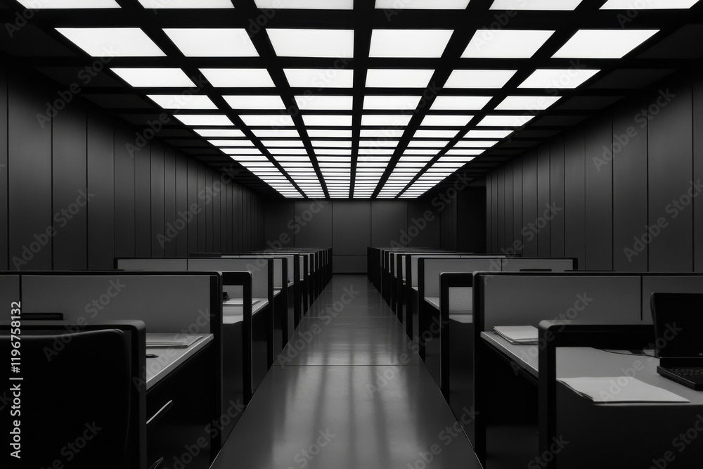 An empty modern office with rows of cubicles, captured in high ...