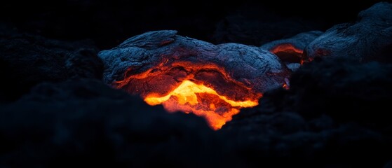 Poster - Flowing lava with molten rock creating a fiery glow in a volcanic landscape