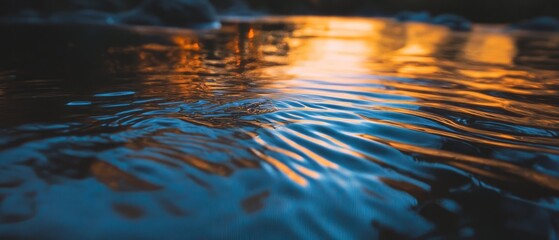 Poster - Flowing lines of water reflect the warm glow of sunset by a serene riverside